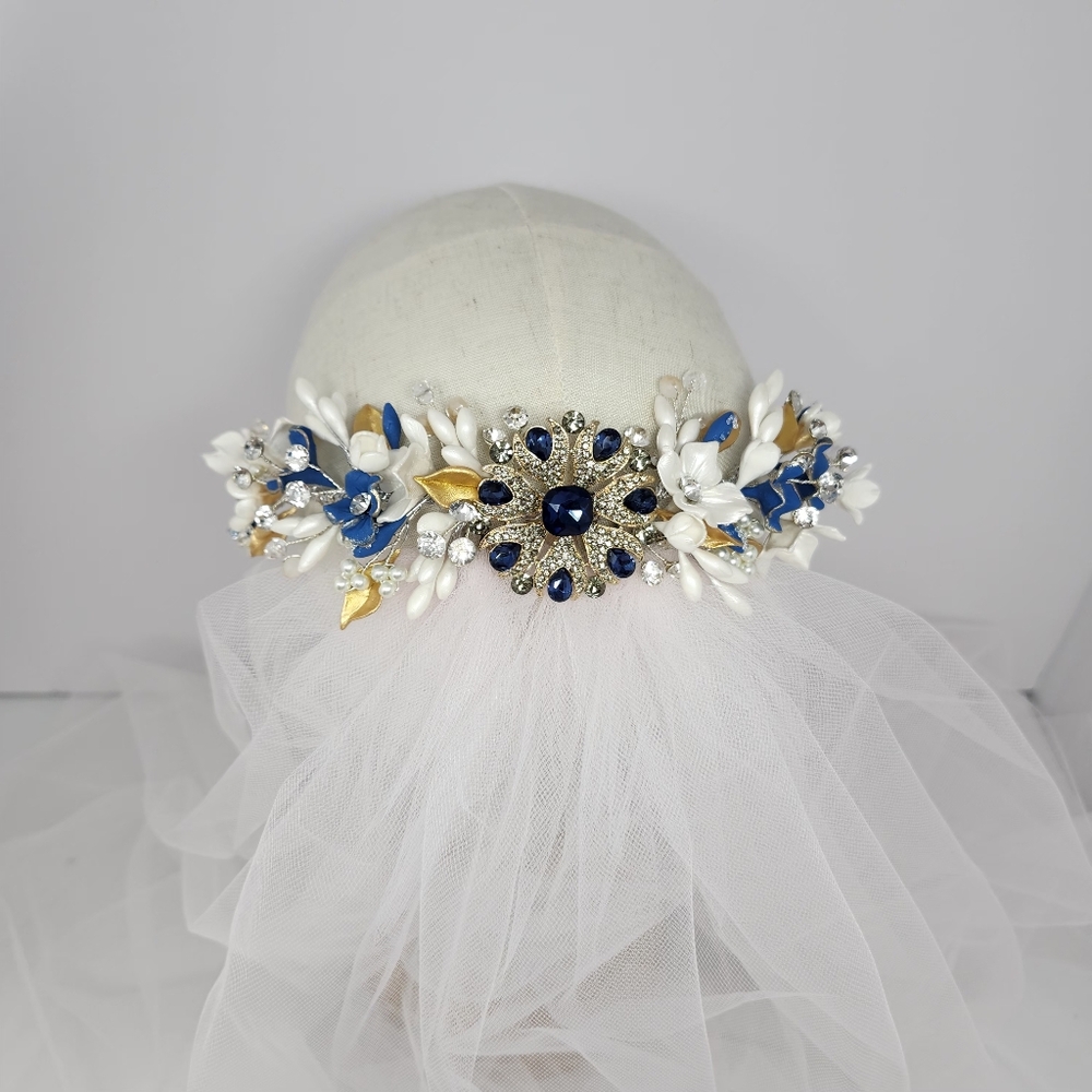 Elegant Blue and Gold Floral Headband - Picture 5 of 15